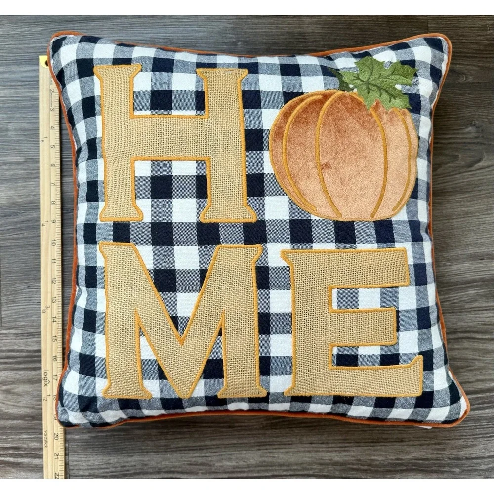 HFS Home Pumpkin Fall Harvest Plaid Down Feather Pillow Orange Velvet 20x20‎